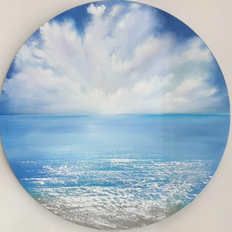 Cloud explosion - round canvas oil painting of sea and sky