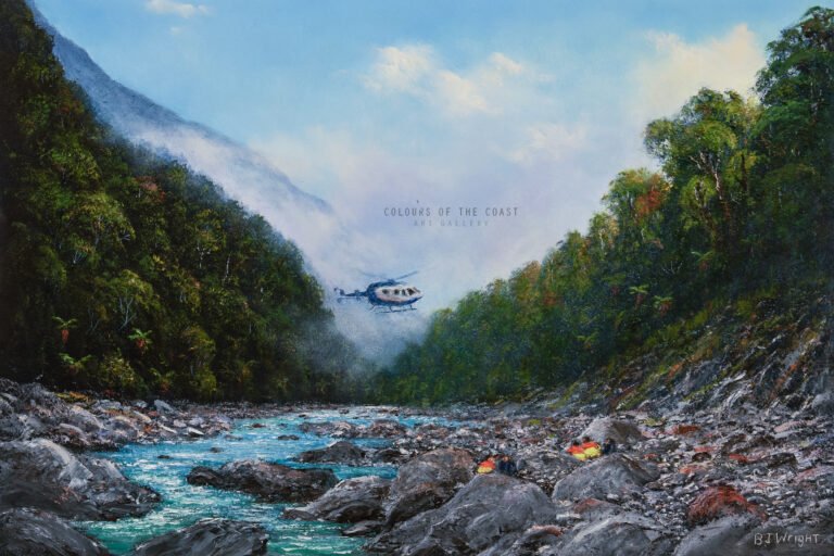 Chopper Rescue, Arthurs Pass, Print, Barry Wright. Showing helicopter coming in to land in rescue mission.