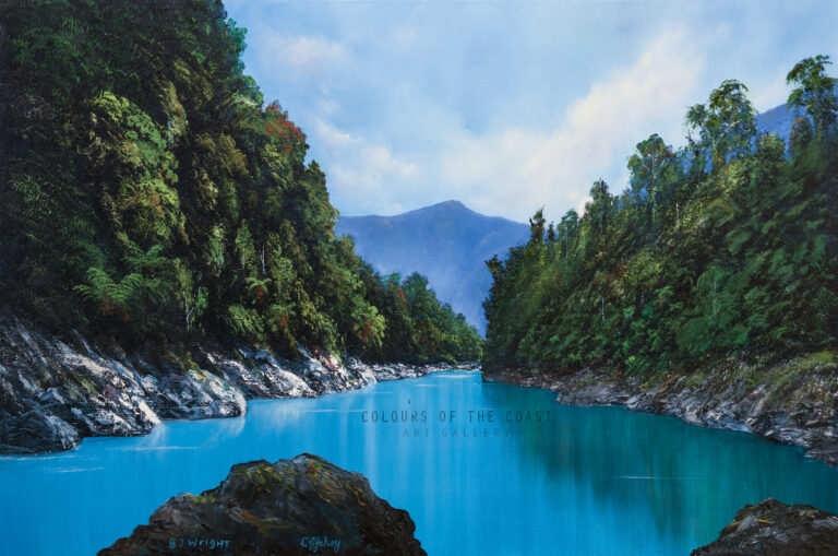 Hokitika Gorge, Print, Barry Wright and Carla Fahey. Showing the vibrant blue water surrounded by rock and bush