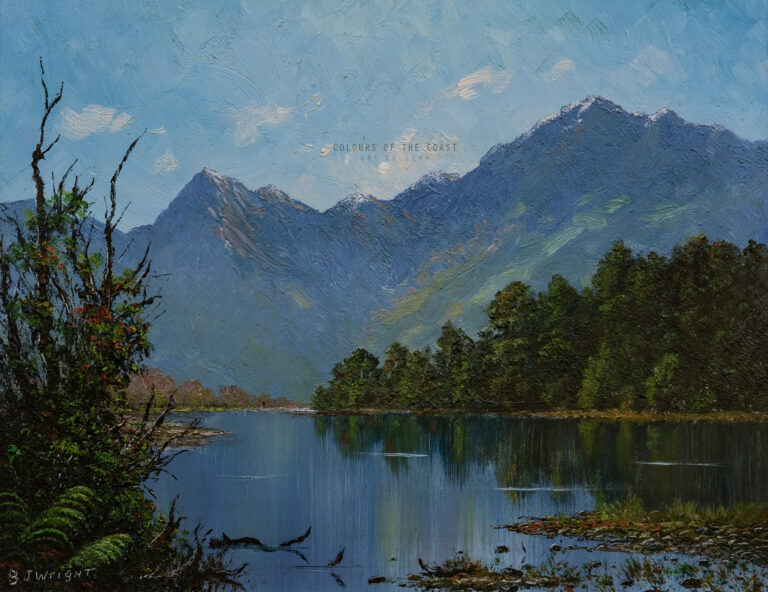 Quiet Waters, Print, Barry Wright, showing mountain range and refection in the water