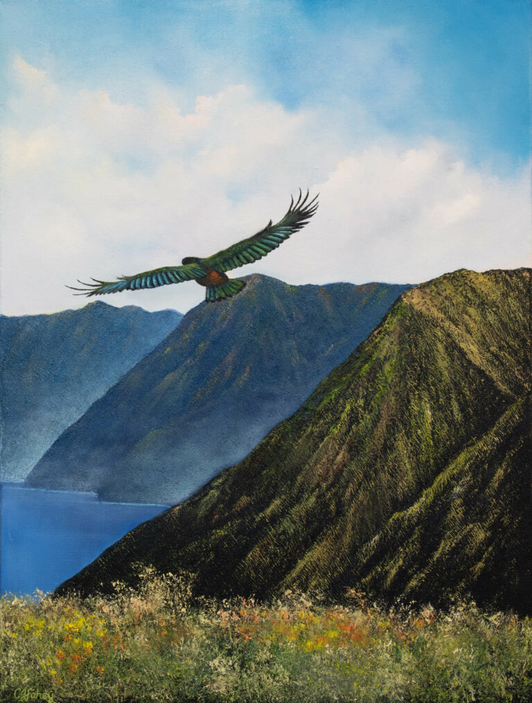 "Soaring High" Oil Painting of a Kea flying over mountain range