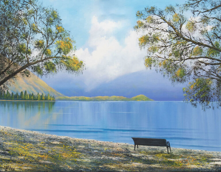 "A place to reflect" painting of seat overlooking lake in Wanaka in autumn