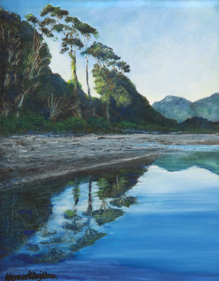 Bruce Bay painting oil on canvas showing reflection of trees in water