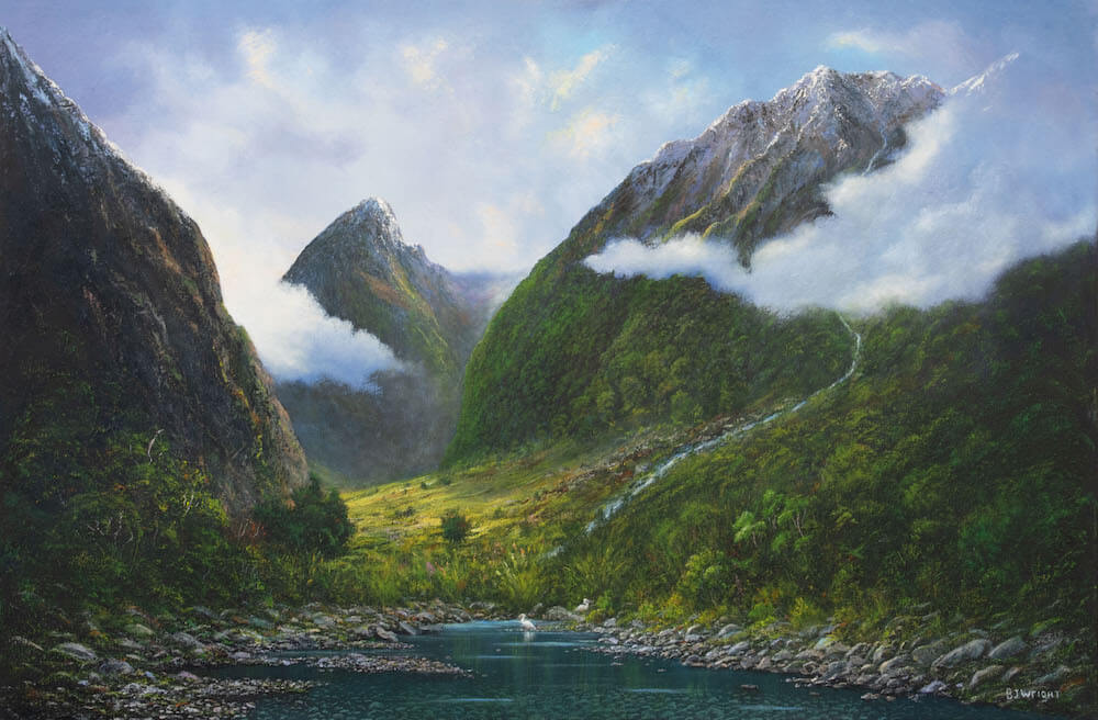 A painting of Mount Talbot with mountains in the background.