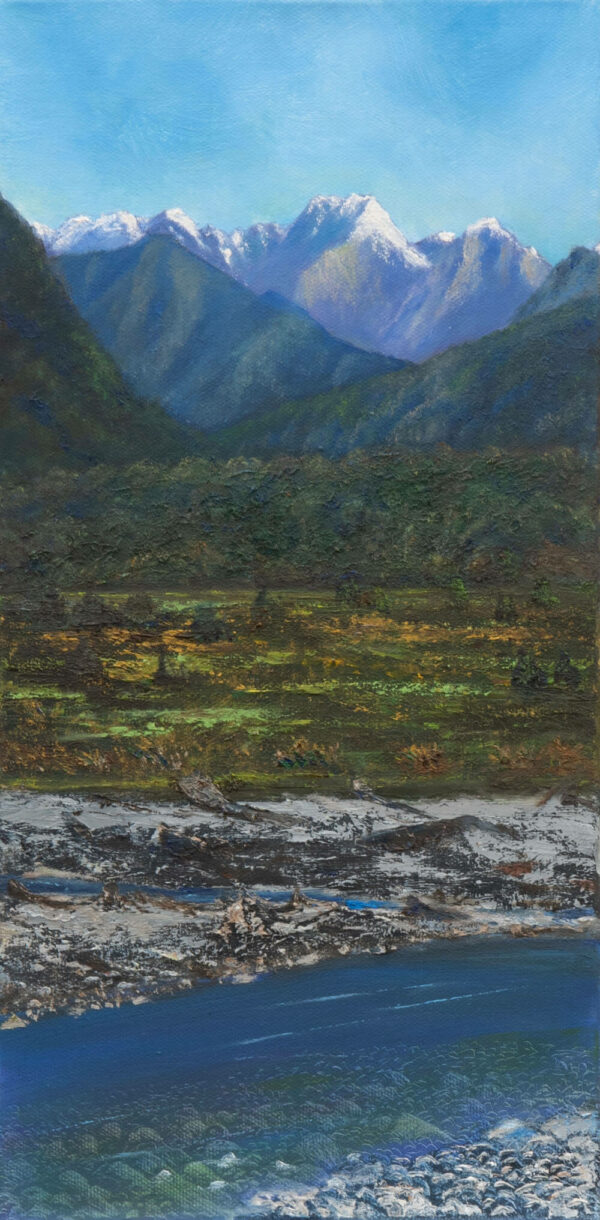 Layers Of Westland oil painting showing the sky, mountain range and river