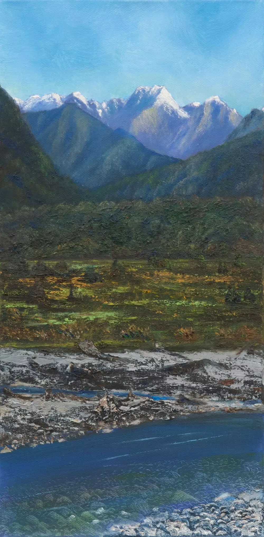 Layers Of Westland oil painting showing the sky, mountain range and river