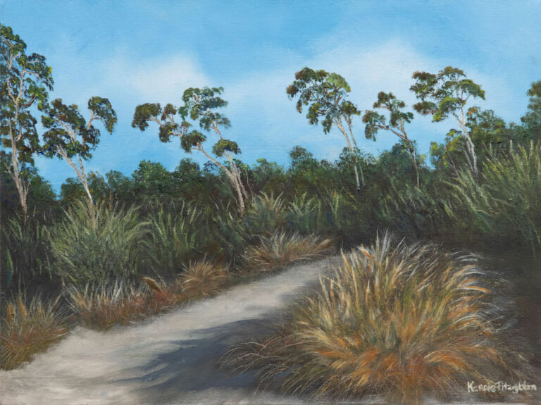 Pathway to peace in bruce bay. Pathway through Native Bush. Oil painting