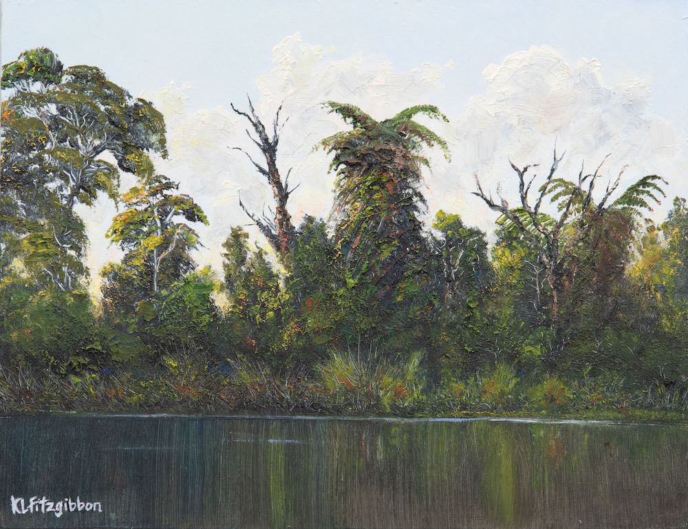 South Westland Oil painting showing native bush and reflection in water