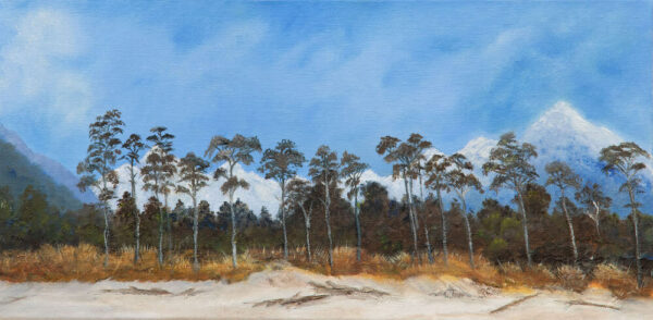 Wide open spaces oil painting showing a line of trees in a row by the beach with the blue sky in the background