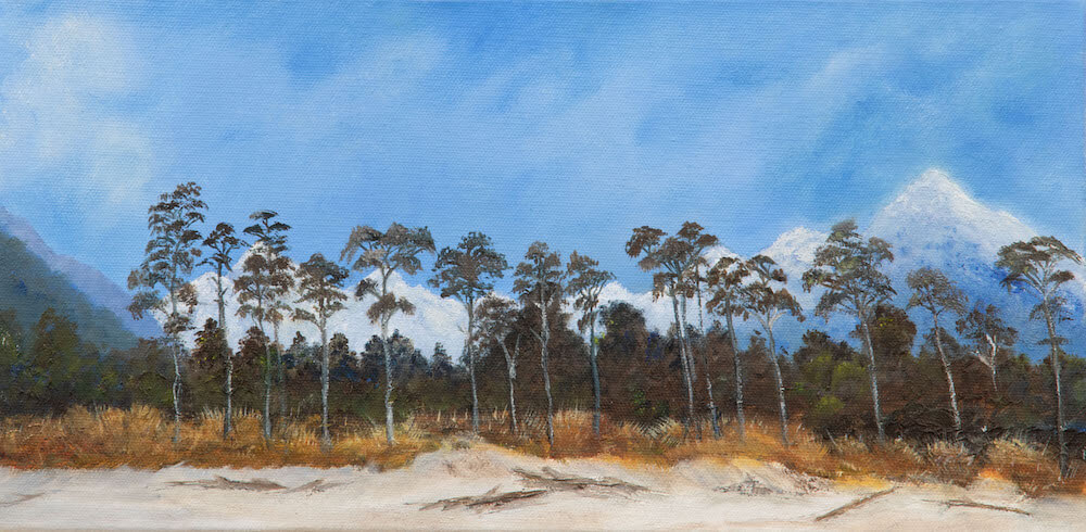 Wide open spaces oil painting showing a line of trees in a row by the beach with the blue sky in the background