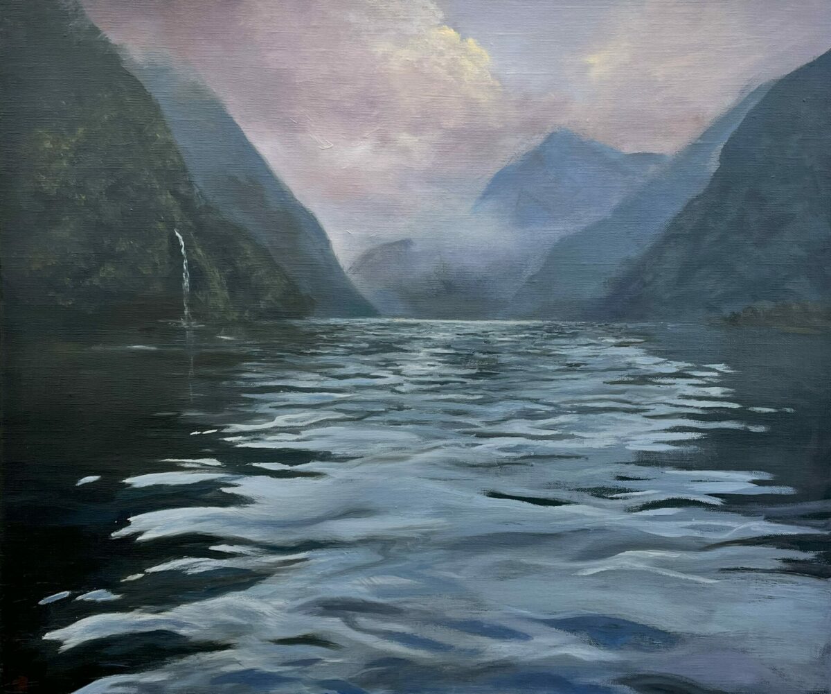 A painting titled "Evening Patterns" depicts a tranquil water body enveloped by misty mountains beneath a cloudy sky.