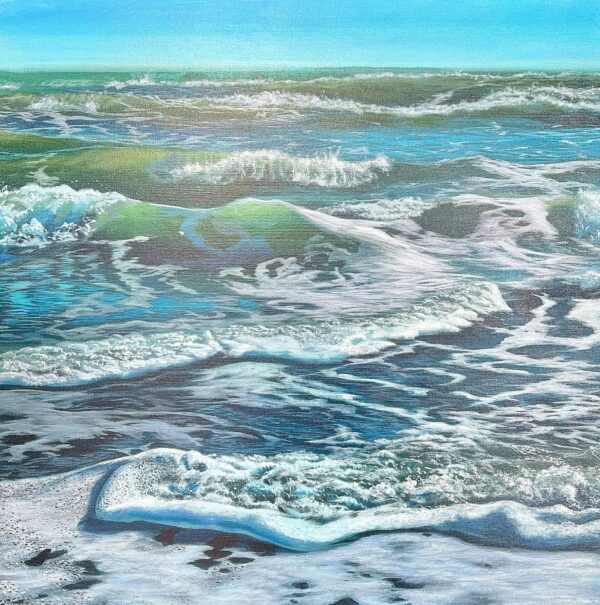 'Order in Chaos' by Ivory Wallace features a depiction of ocean waves with foamy white crests and an array of blue and green hues set against a clear sky.