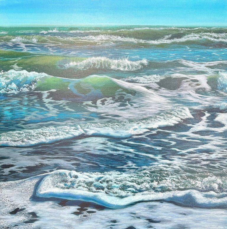 'Order in Chaos' by Ivory Wallace features a depiction of ocean waves with foamy white crests and an array of blue and green hues set against a clear sky.