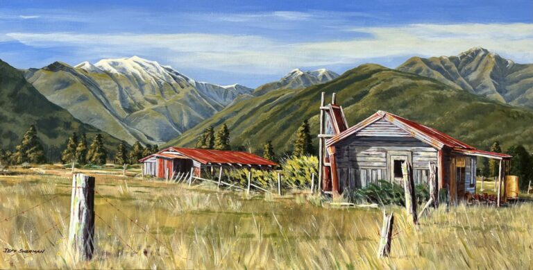 The Mikonui artwork depicts a rustic cabin and shed with red roofs nestled in a grassy field, surrounded by majestic mountains with snow-capped peaks under a clear blue sky.