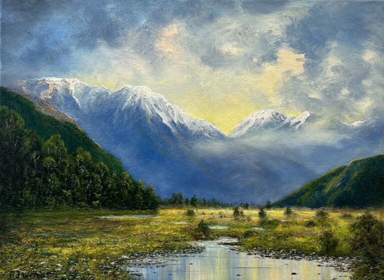 A peaceful artwork titled "A Fresh New Day" depicting a valley with a stream, bordered by verdant hills and majestic snow-capped mountains beneath a sky filled with clouds.