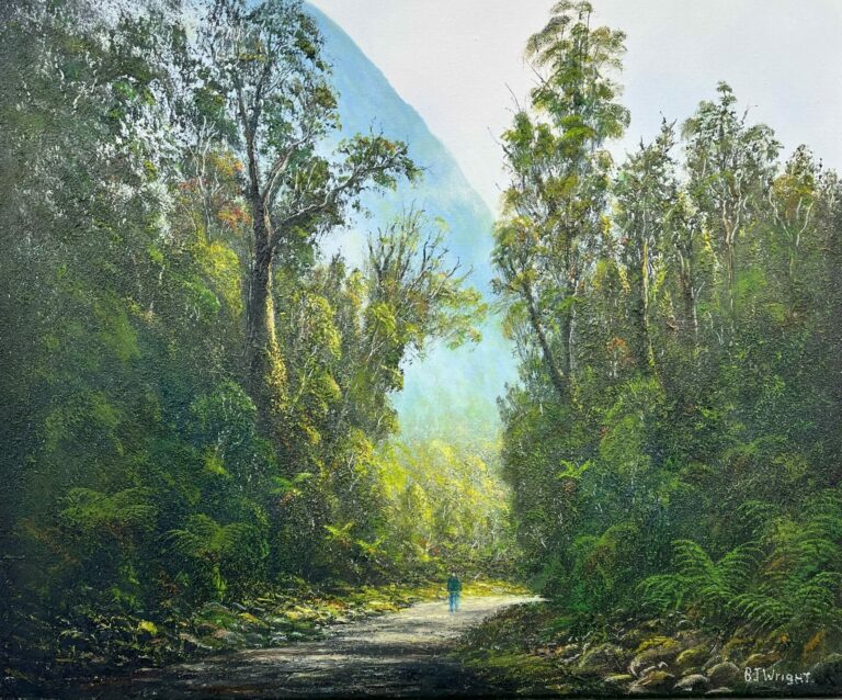 A person walks along the Bush Track Hokitika Gorge, surrounded by dense forest with tall trees, under a misty sky.