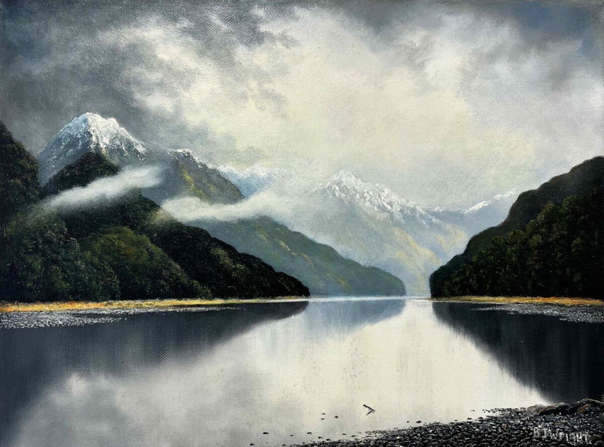 The product "Calm before the Storm" features a mountainous landscape with snow-capped peaks and misty clouds, all beautifully reflected in a serene lake and encircled by a lush green forest.