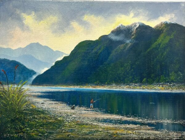 A serene depiction titled "Evening Fish in Westland," featuring an individual fishing by a river amidst mountain scenery and scattered clouds.