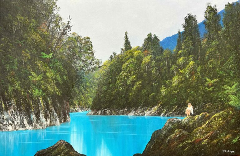 A tranquil scene titled "In Thought at Hokitika Gorge," showcasing a person seated on rocks by a vivid blue river, encircled by lush green forests and distant mountains beneath a cloudy sky.