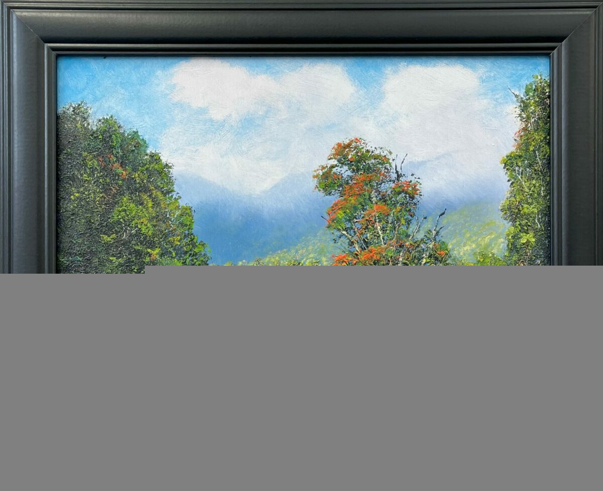 The product, "Rata Tree Buller Gorge," features a framed painting of a serene lake surrounded by lush greenery, with some trees displaying red leaves, and mountains in the background beneath a blue sky with clouds.