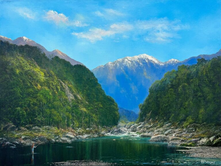 A picturesque scene titled "South Westland Stream, a Spot of Fishing" showcases a river flowing through green forested banks with snowy mountains in the background, all under a clear blue sky.